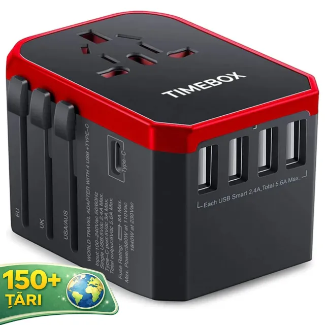 Timebox adaptor universal priza calatorie rosu 4x USB Type-C