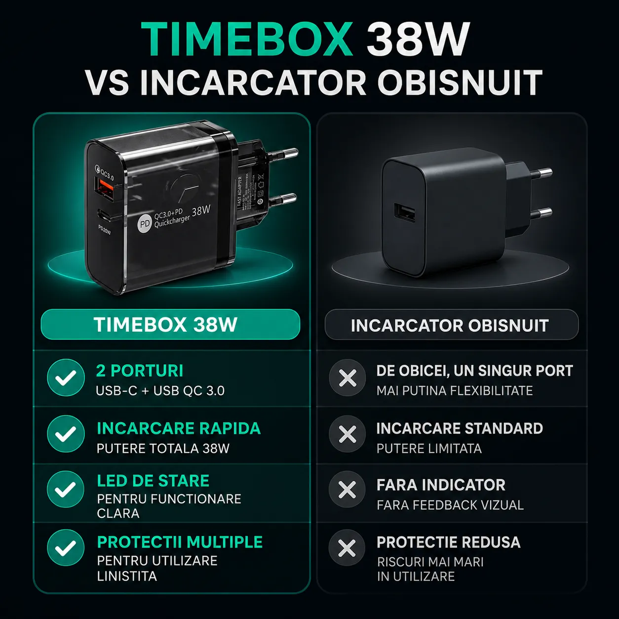 Timebox C 3 încărcător rețea 38W negru 2 porturi rapid