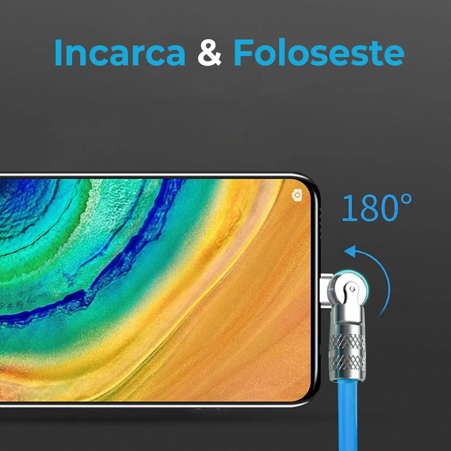 Timebox Cablu USB la USB-C 120W 2m Albastru LED 180°