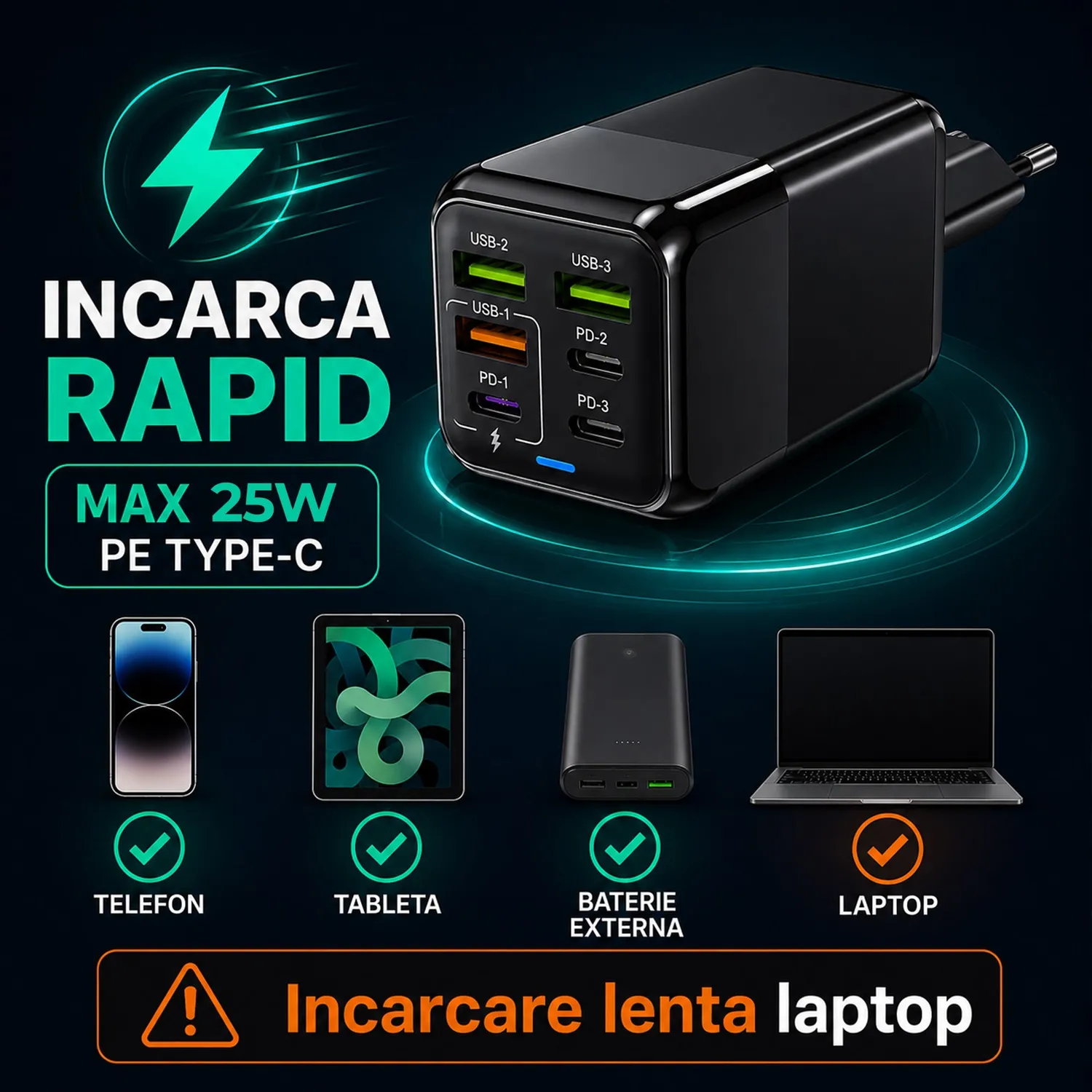 Timebox 150W incarcator retea 6 porturi negru fast charge