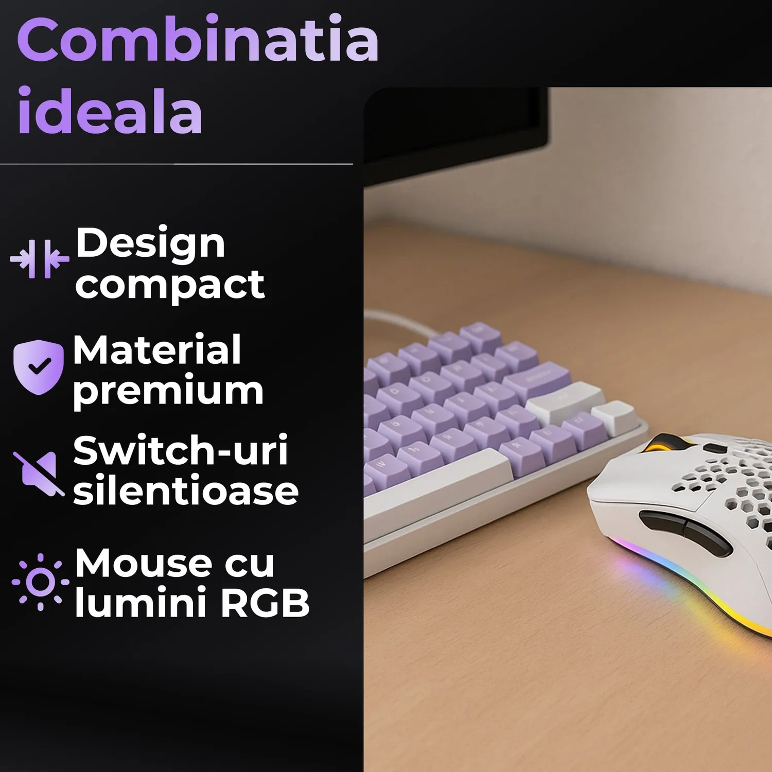 Set gaming Timebox 60% Violet Switch tastatura wireless alb