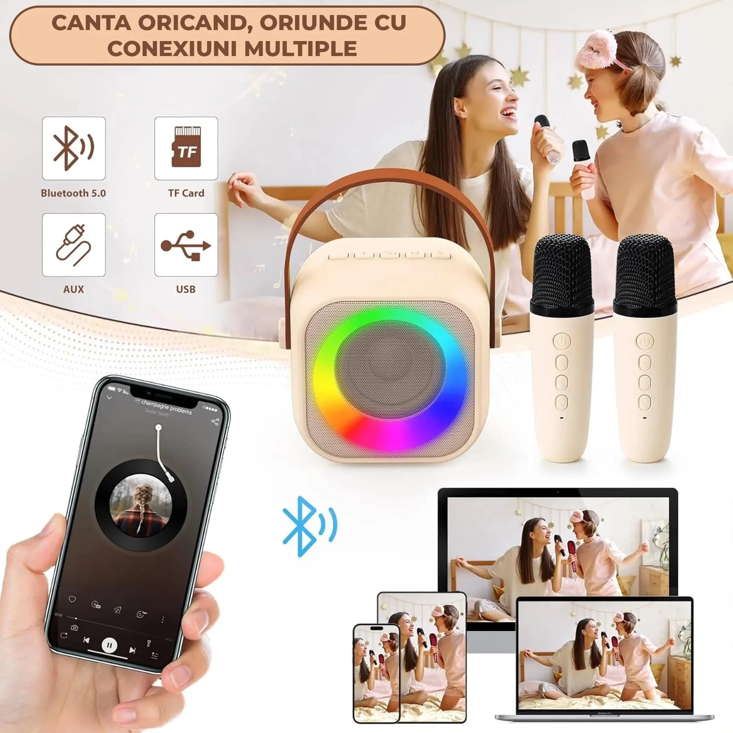 Timebox Set Boxa Bluetooth Karaoke Bej cu 2 Microfoane Wireless