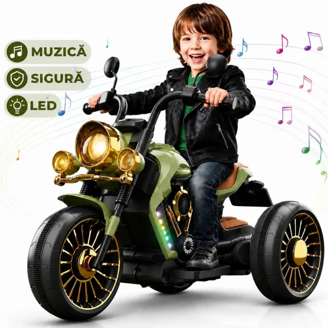 Timebox motocicletă electrică copii verde 3 roți