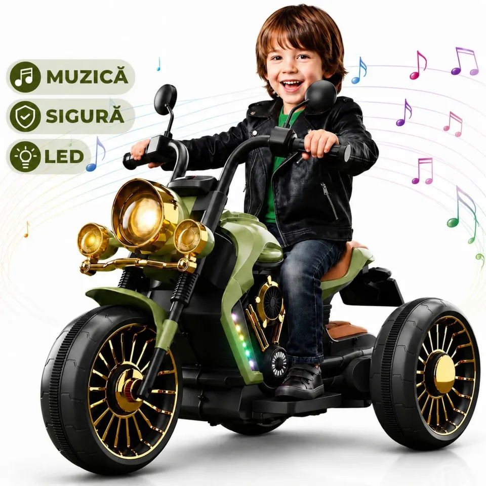 Timebox motocicletă electrică copii verde 3 roți