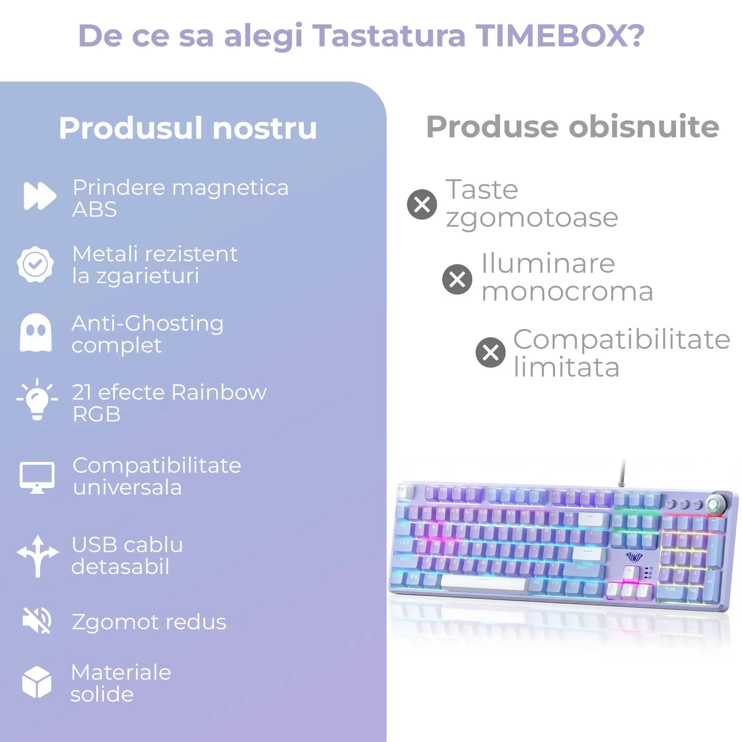 Timebox 104 taste tastatura gaming cu fir violet switch albastru