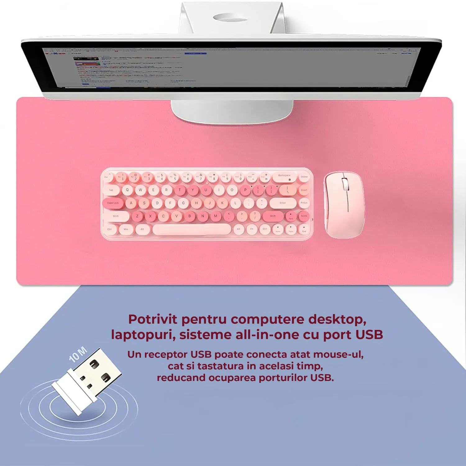 Timebox Set Tastatura Mouse Wireless 68 Taste Roz