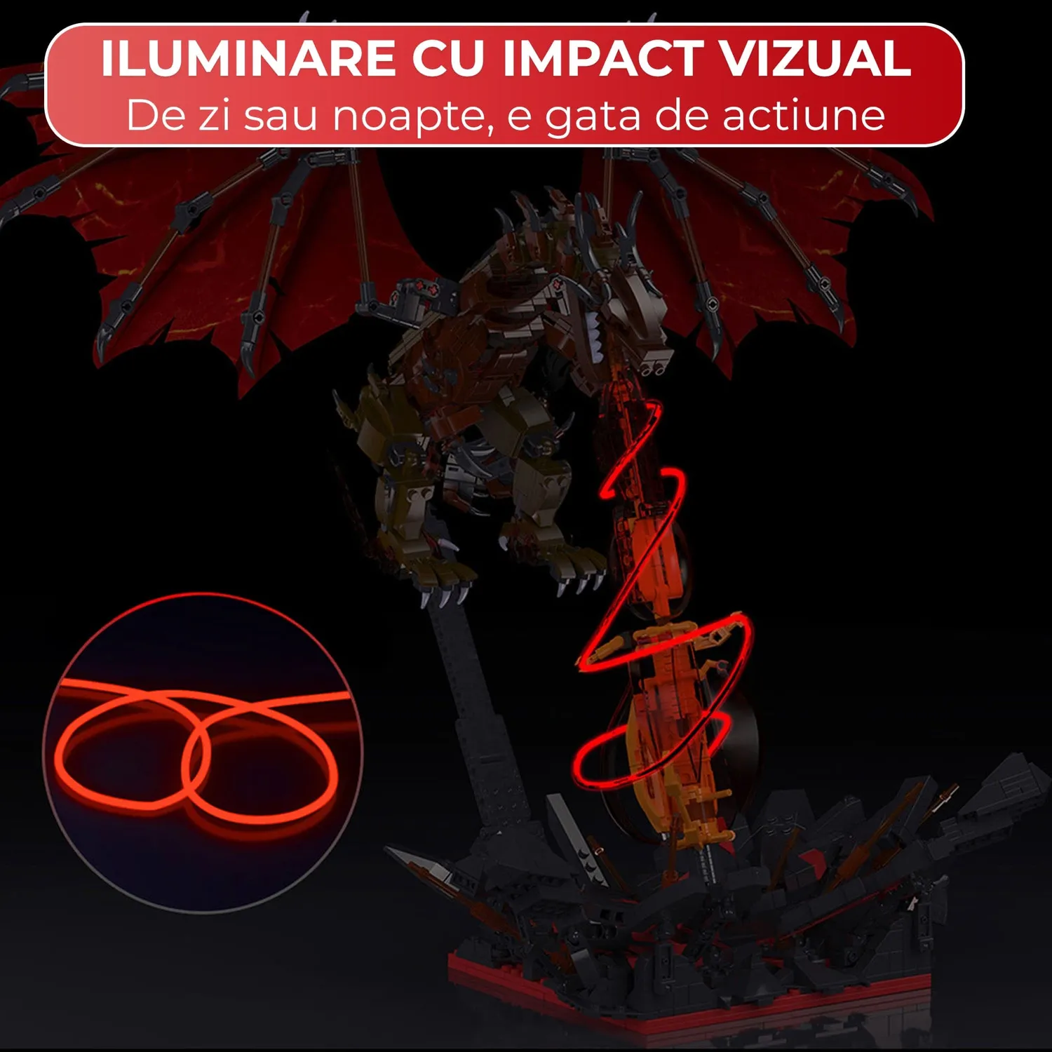 Timebox Dragon de Foc 2 in 1 set constructie rosu 1774 piese LED