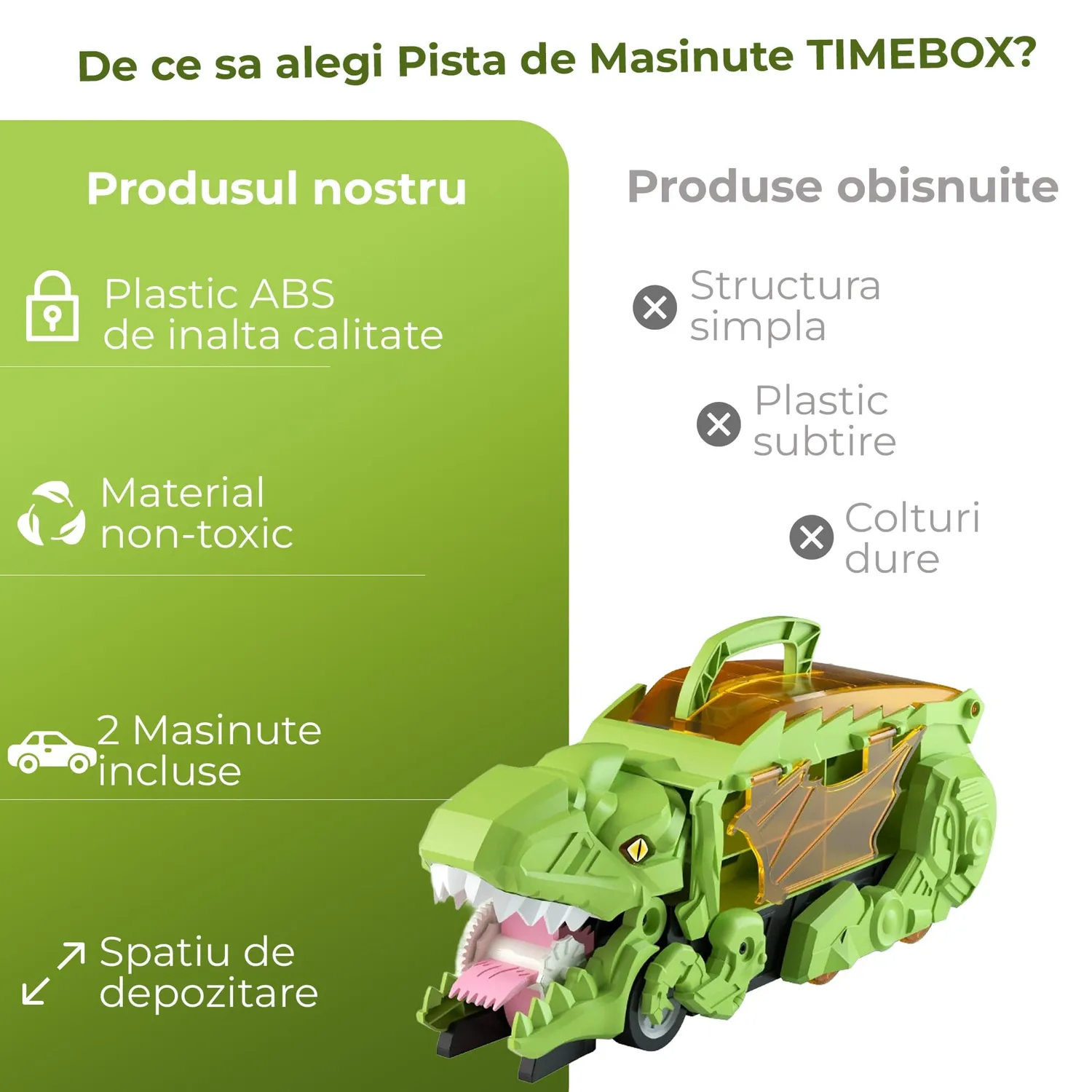 Timebox Dinozaur Transformabil 3 in 1 Verde cu 2 masinute