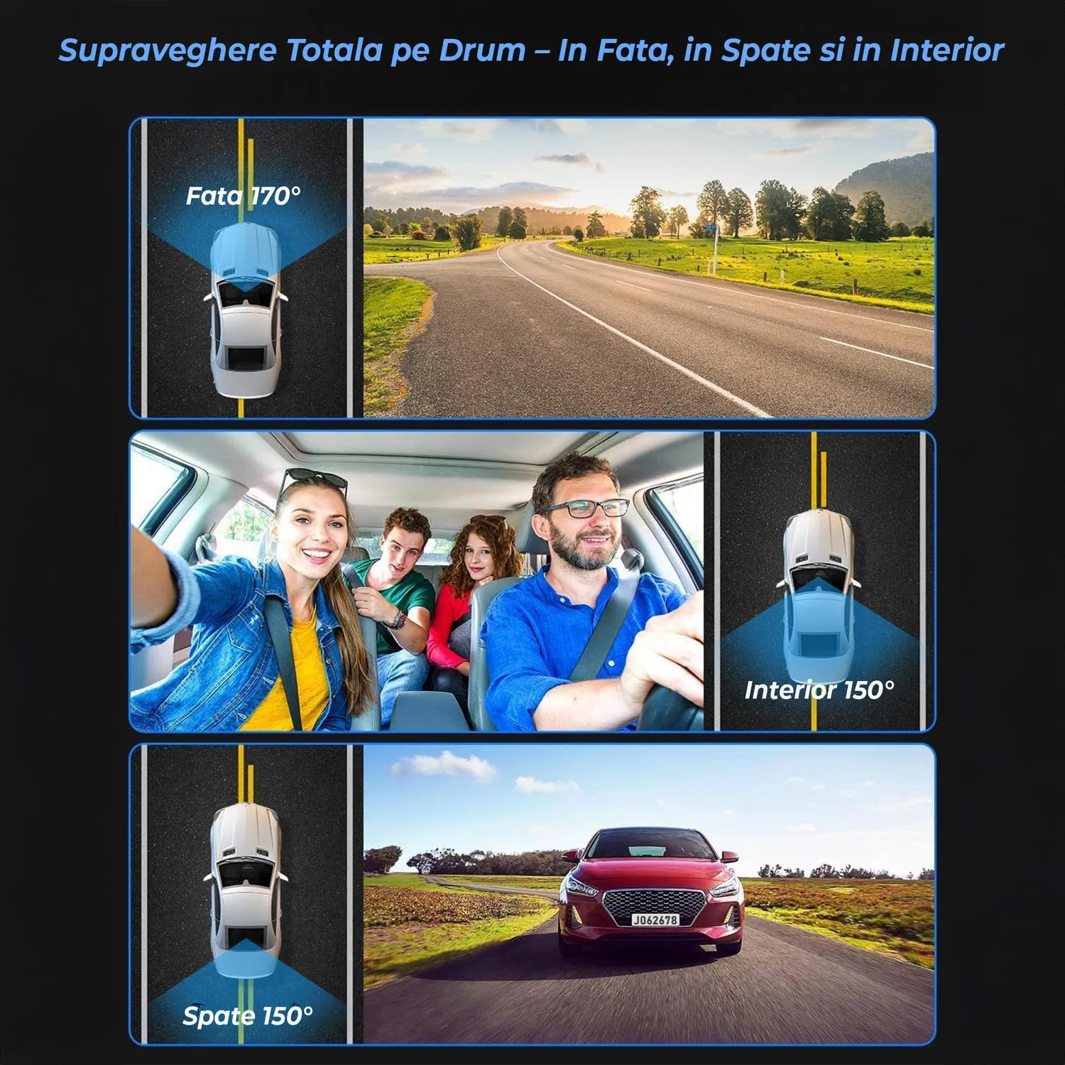 Timebox camera auto tripla dash cam Full HD 1080P negru