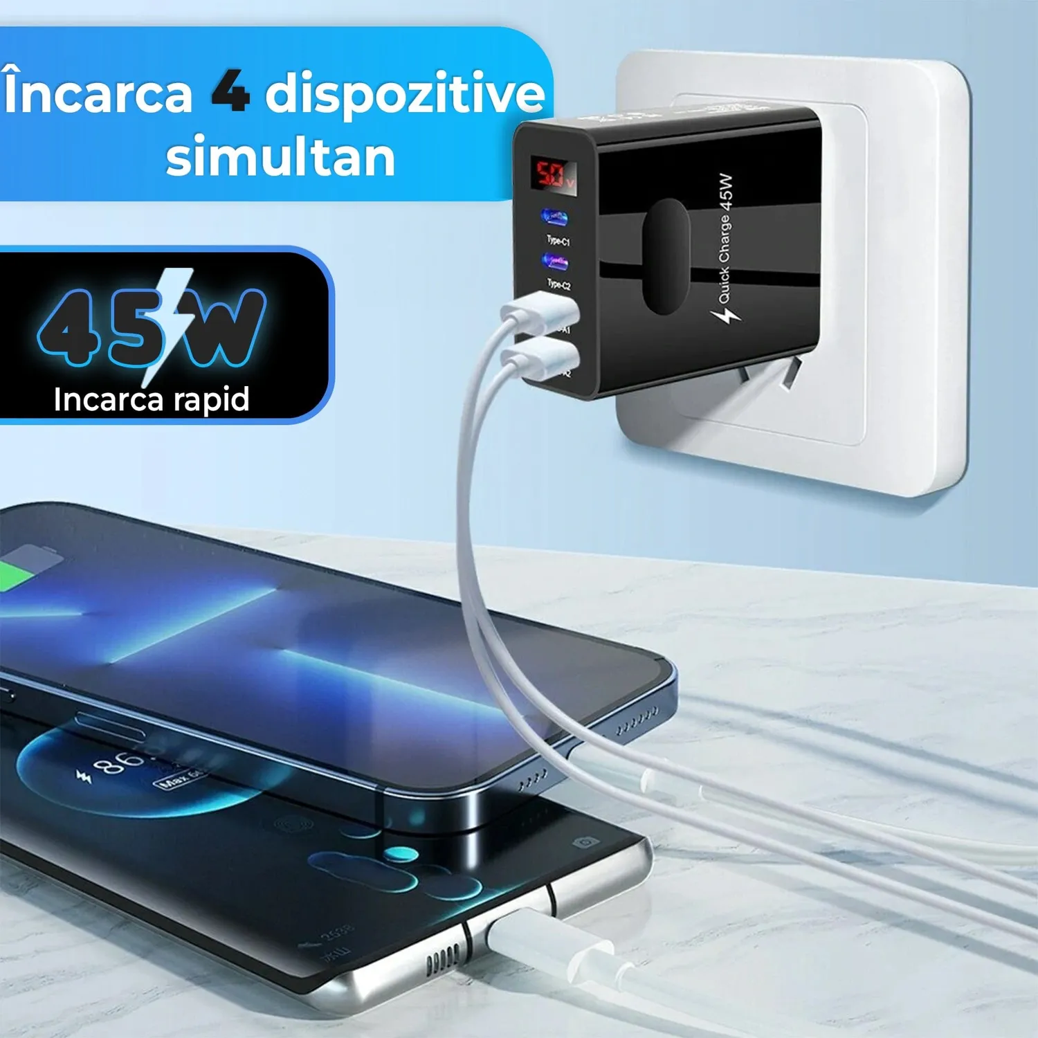 Timebox incarcator retea 45W 4 porturi negru