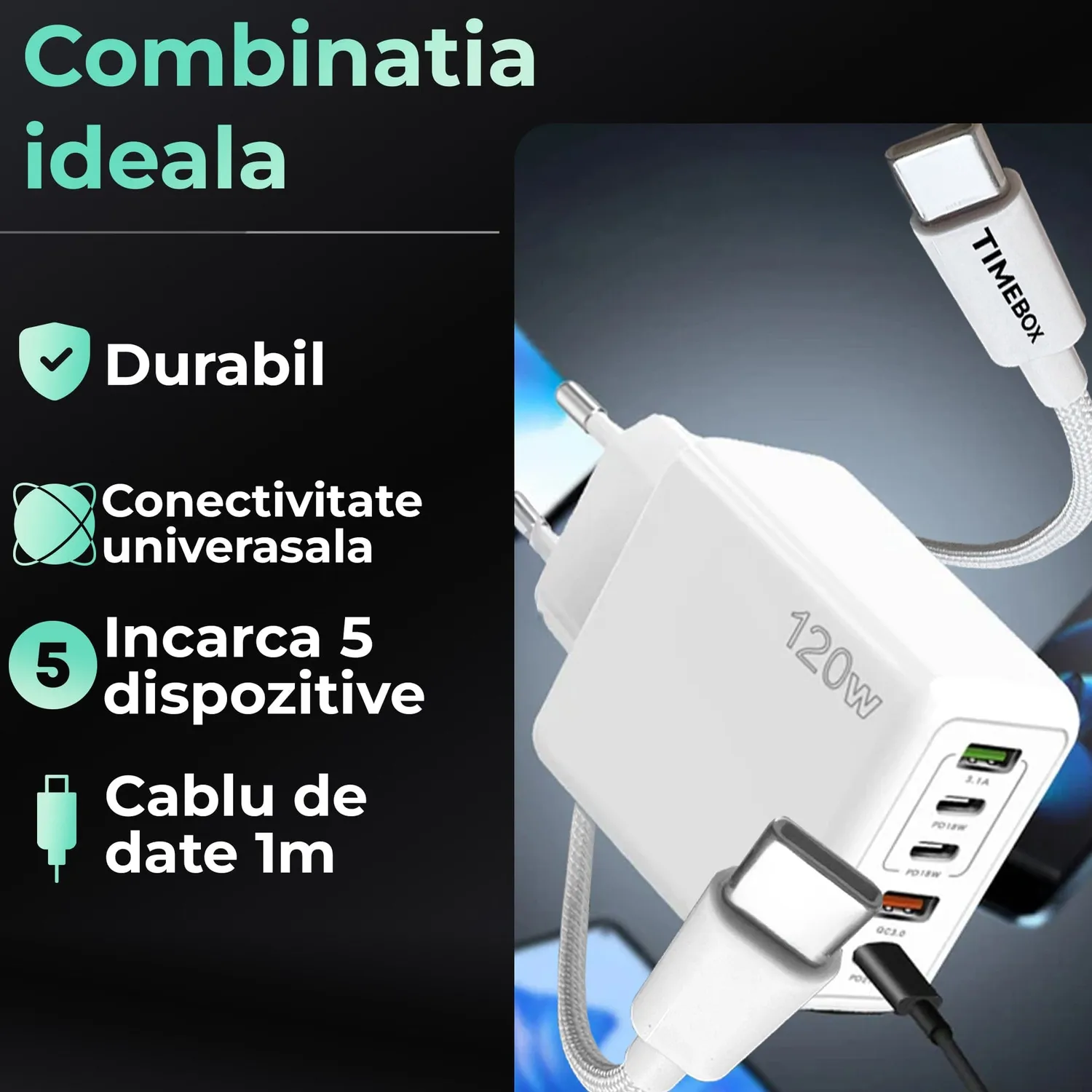 Incarcator retea Timebox 120W 5 porturi alb fast charge
