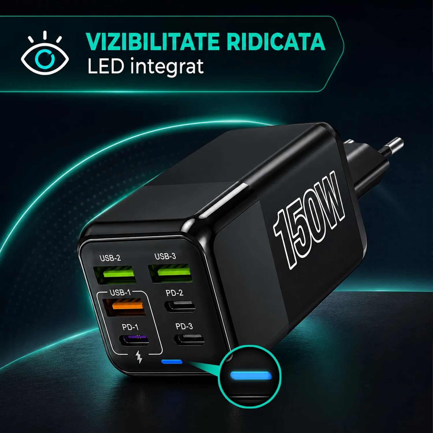Timebox 150W incarcator retea 6 porturi negru fast charge