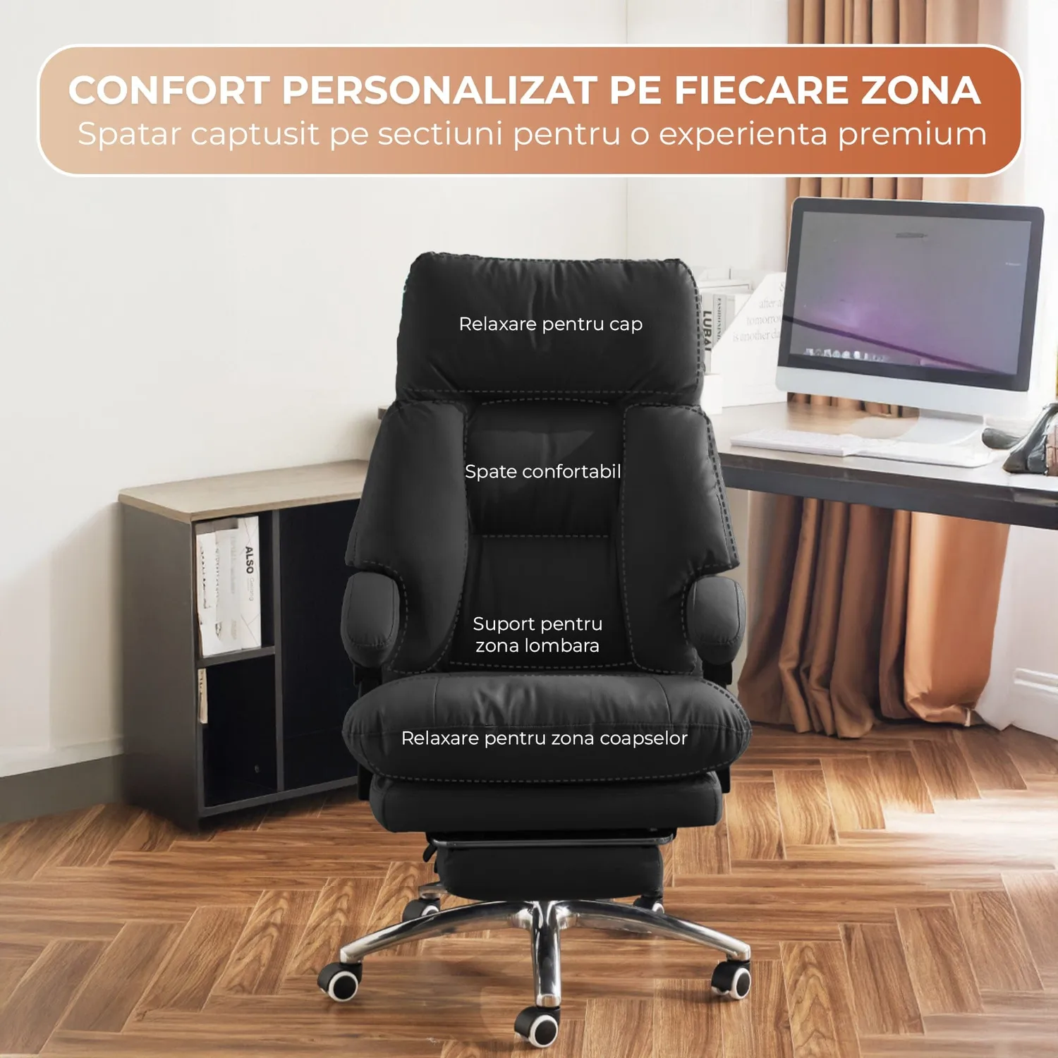 Timebox Scaun Birou Executiv Piele Naturala Negru 360°