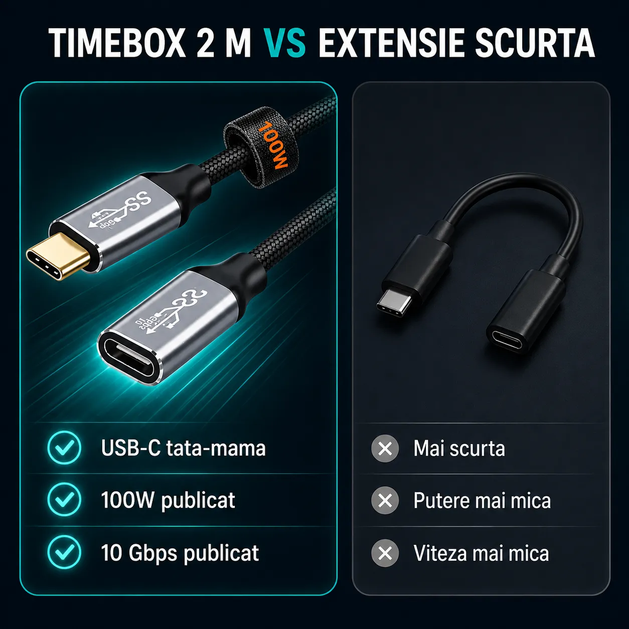 Timebox cablu prelungitor USB-C 100W negru 2m 10Gbps