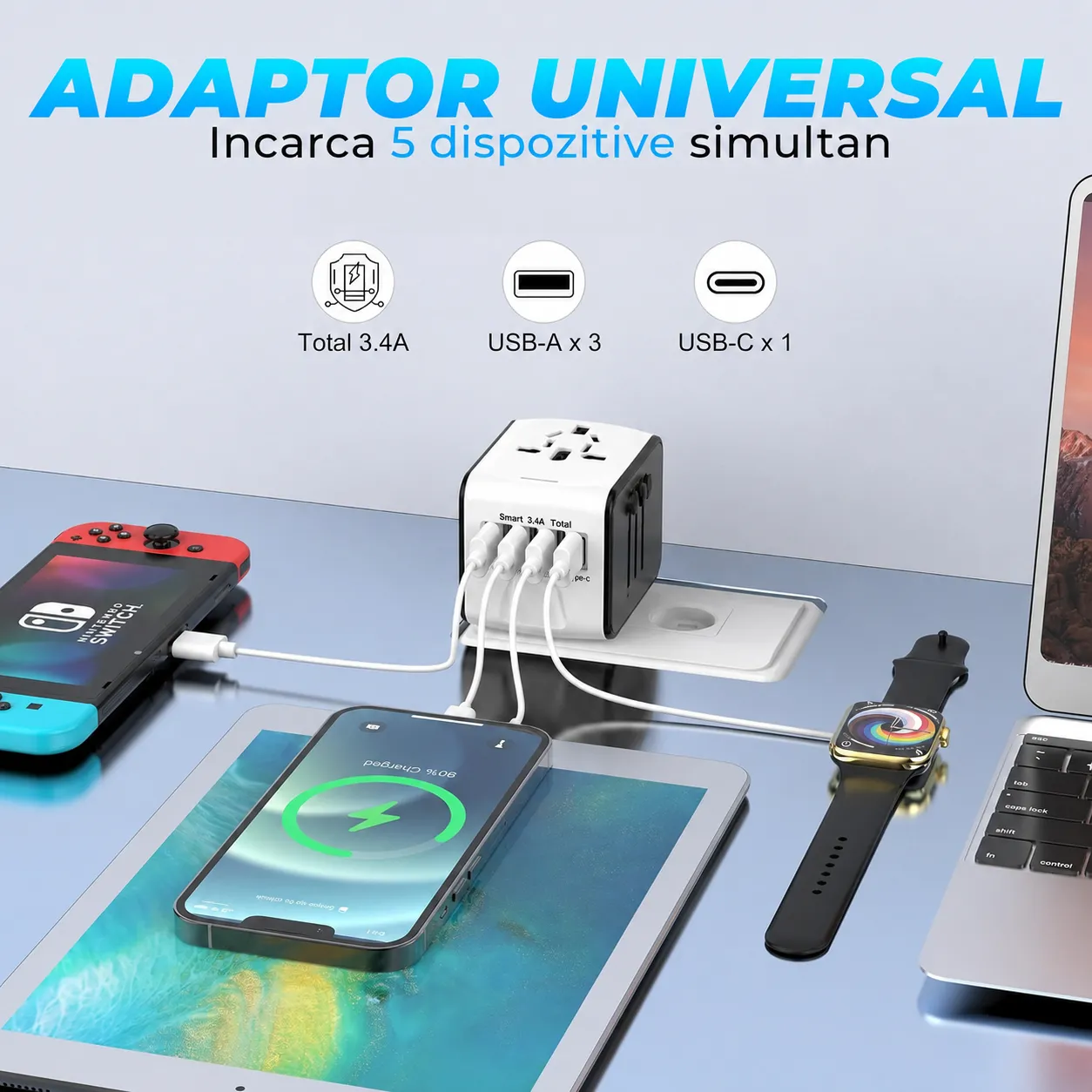 Timebox adaptor universal calatorie alb 3 USB Type-C
