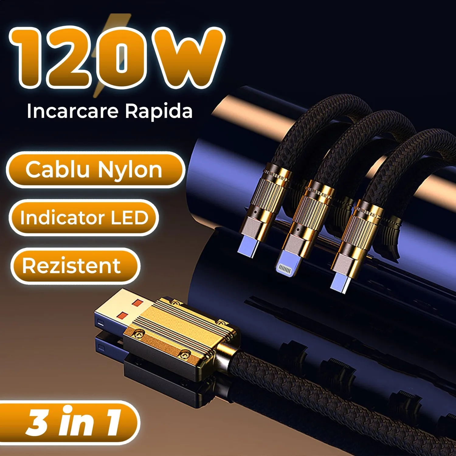 Timebox 120W cablu 3in1 USB-C Lightning 1,2m negru