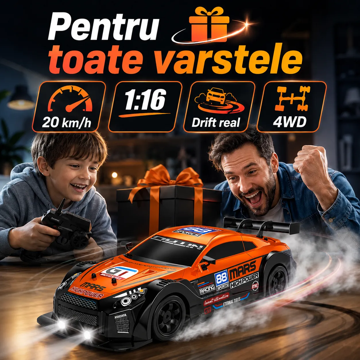 Timebox masina RC drift 1:16 20 km/h portocaliu 2 baterii