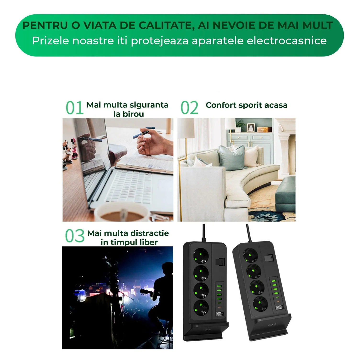 Priză Timebox 3000W cu întrerupător prelungitor 4 prize negru