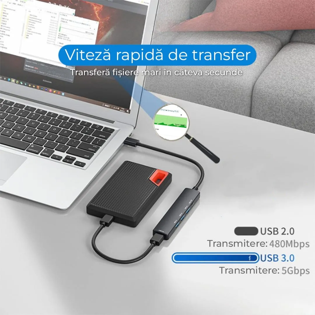 Timebox hub USB 5in1 Type-C USB3 aluminiu negru
