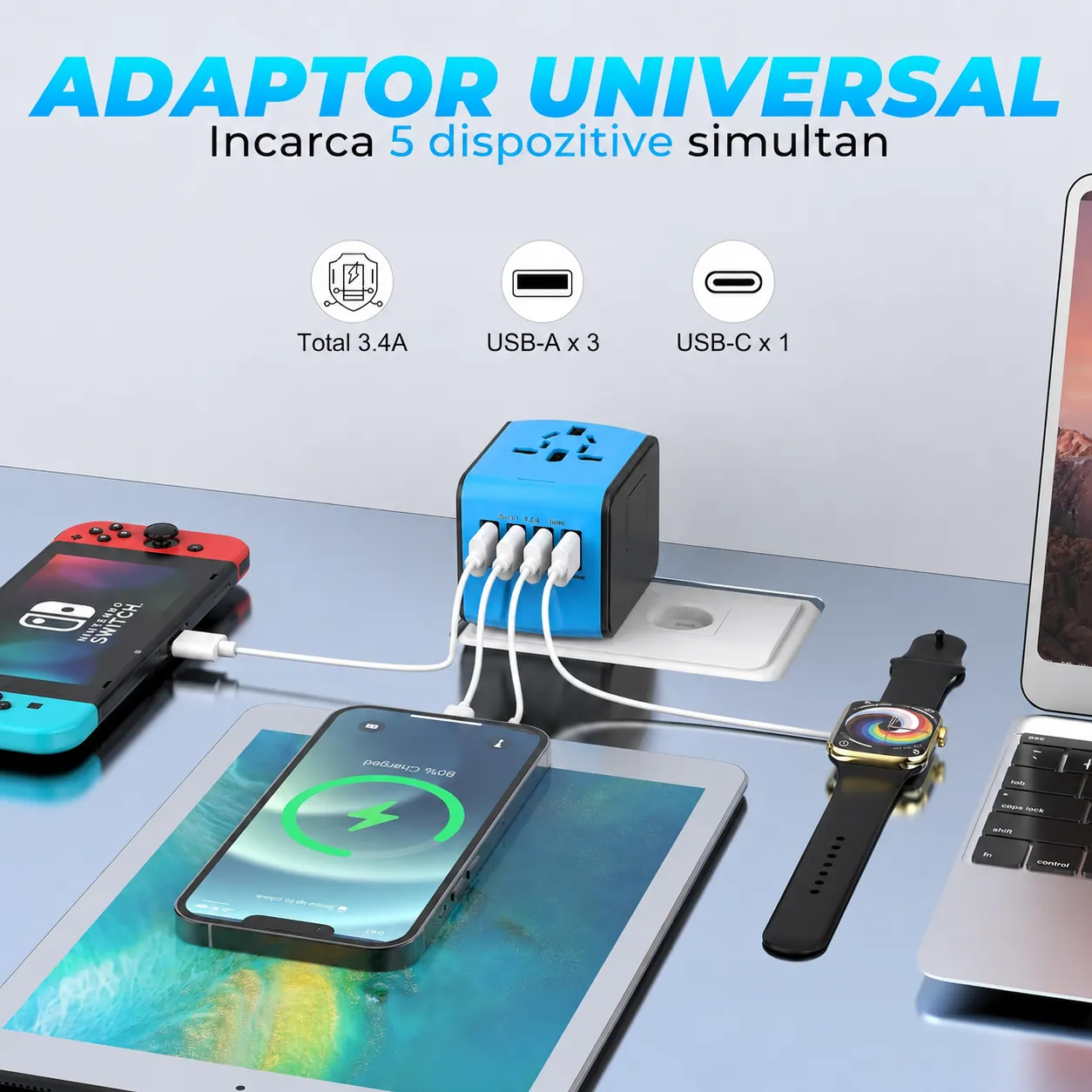Timebox Adaptor priză călătorie 3 USB + Type-C albastru