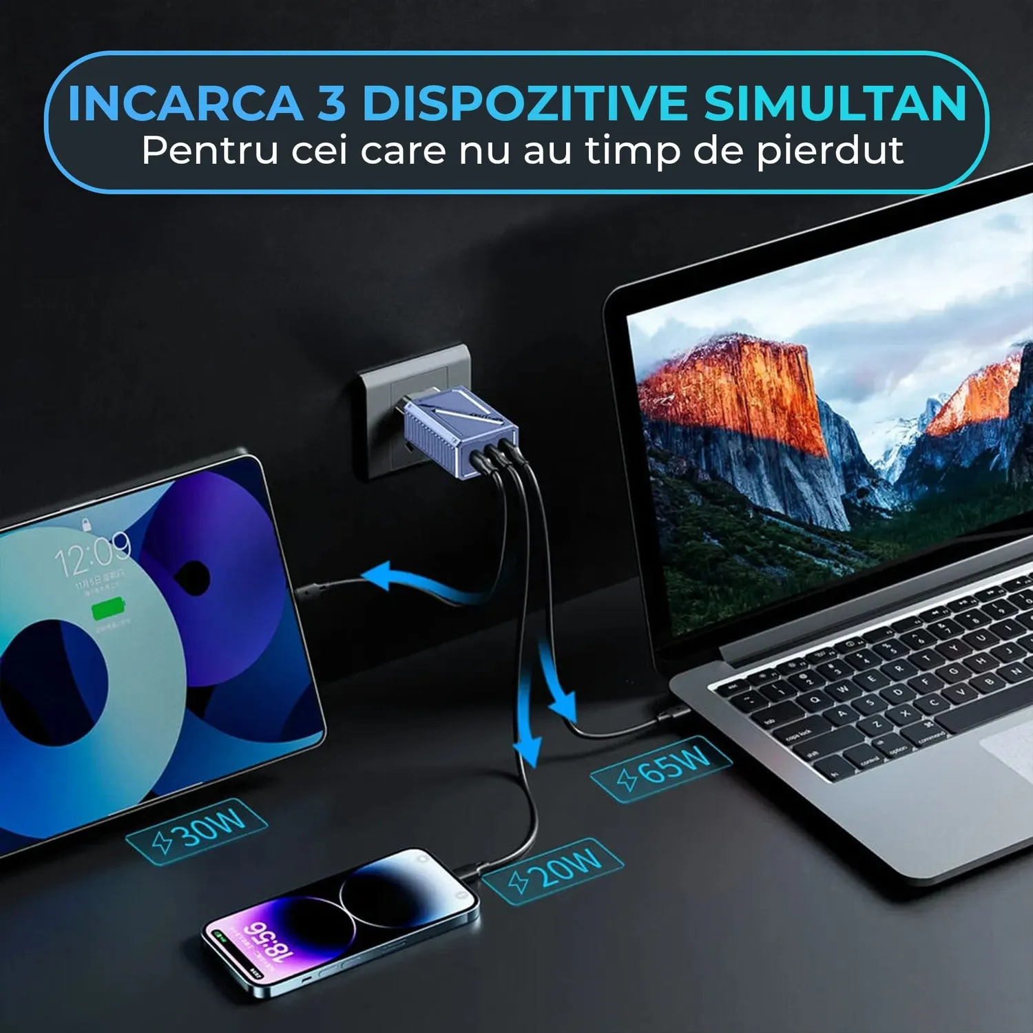 Timebox 65W incarcator retea 3 porturi 2x Type-C gri