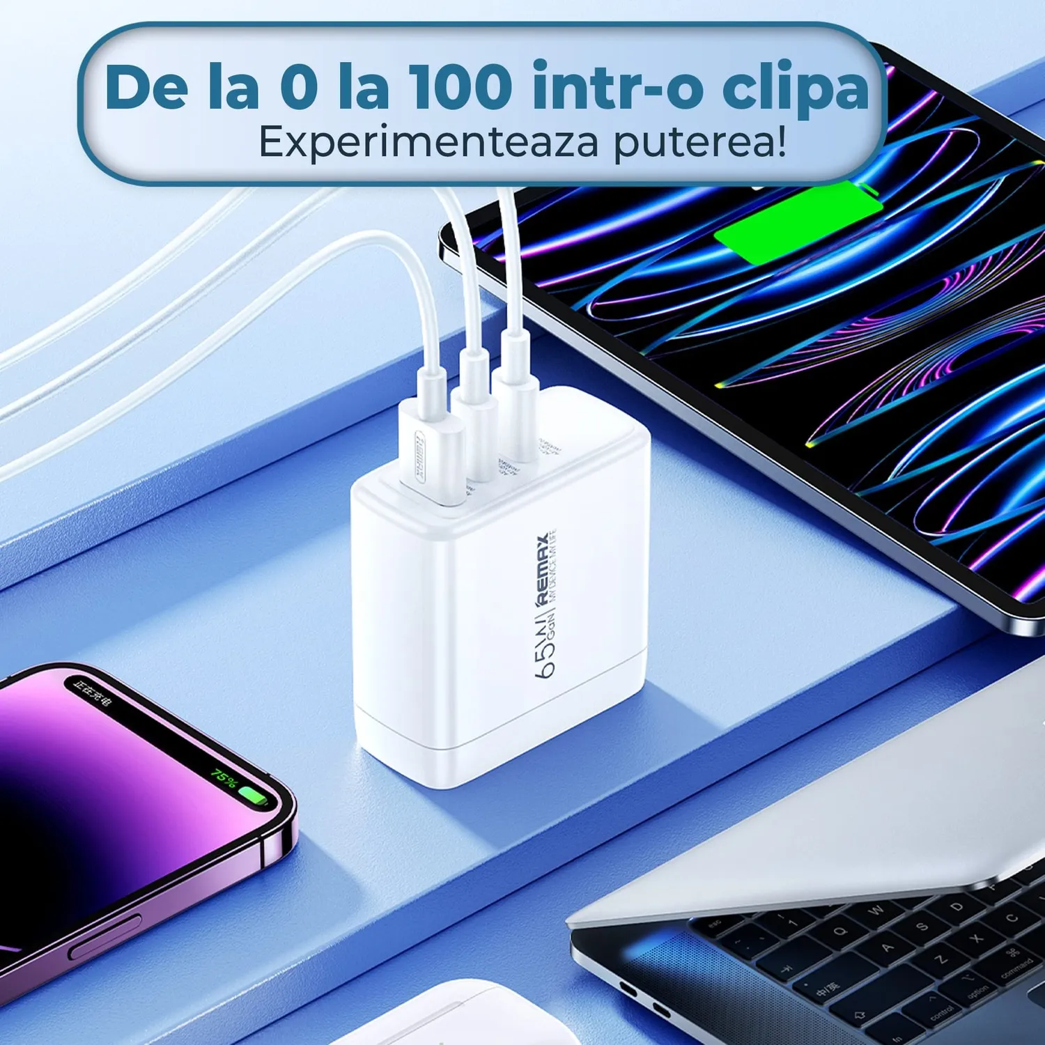 Timebox incarcator retea 65W 3 porturi alb Type-C USB laptop