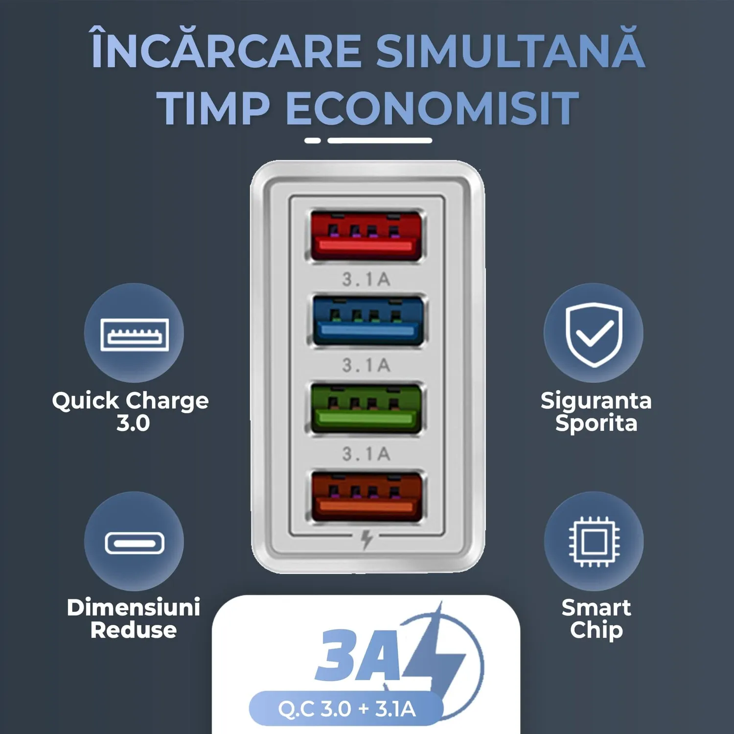 Timebox Incarcator retea 4 porturi 20W negru QC3