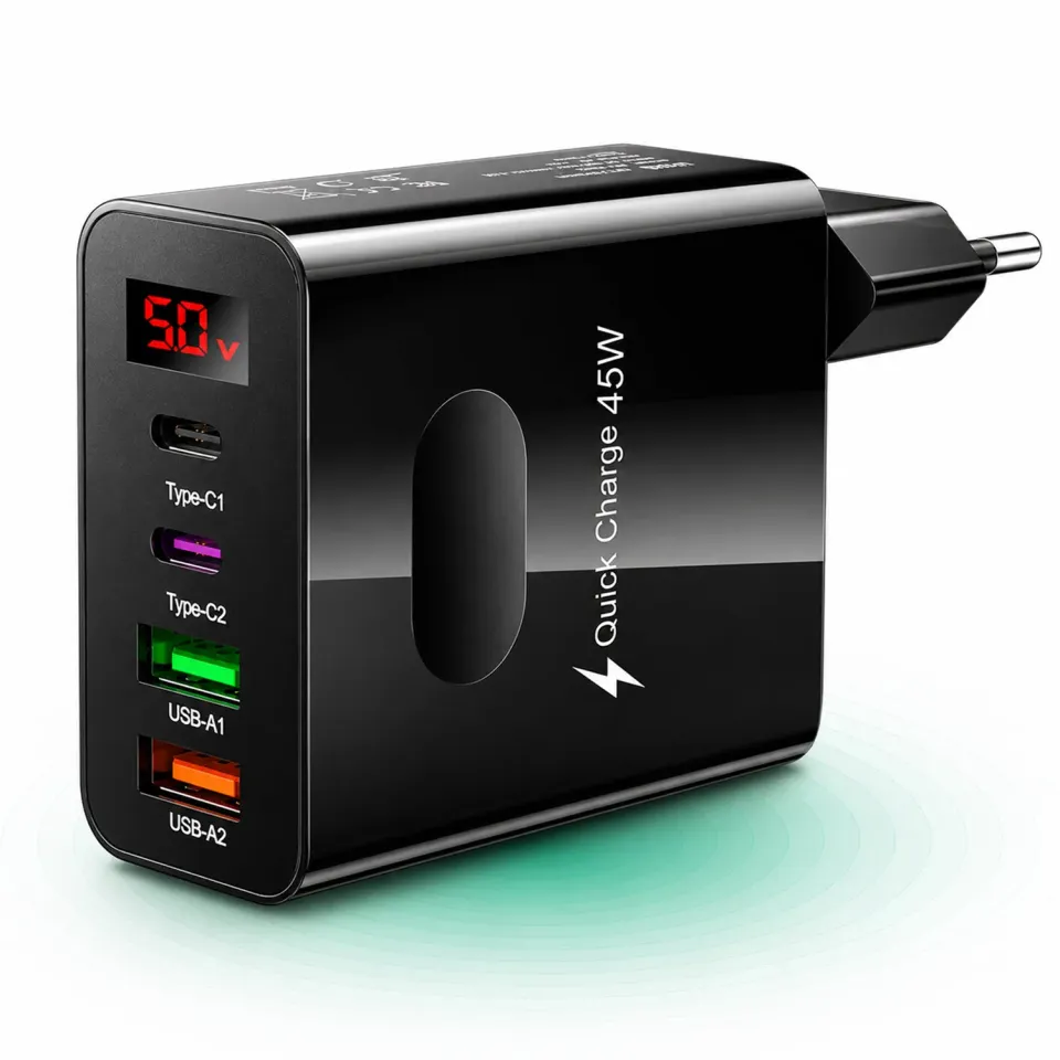 Timebox 45W incarcator retea 4 porturi negru display