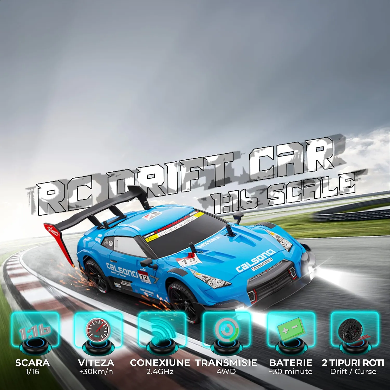 Timebox Masina RC 30km/h 1:16 4x4 drift albastra