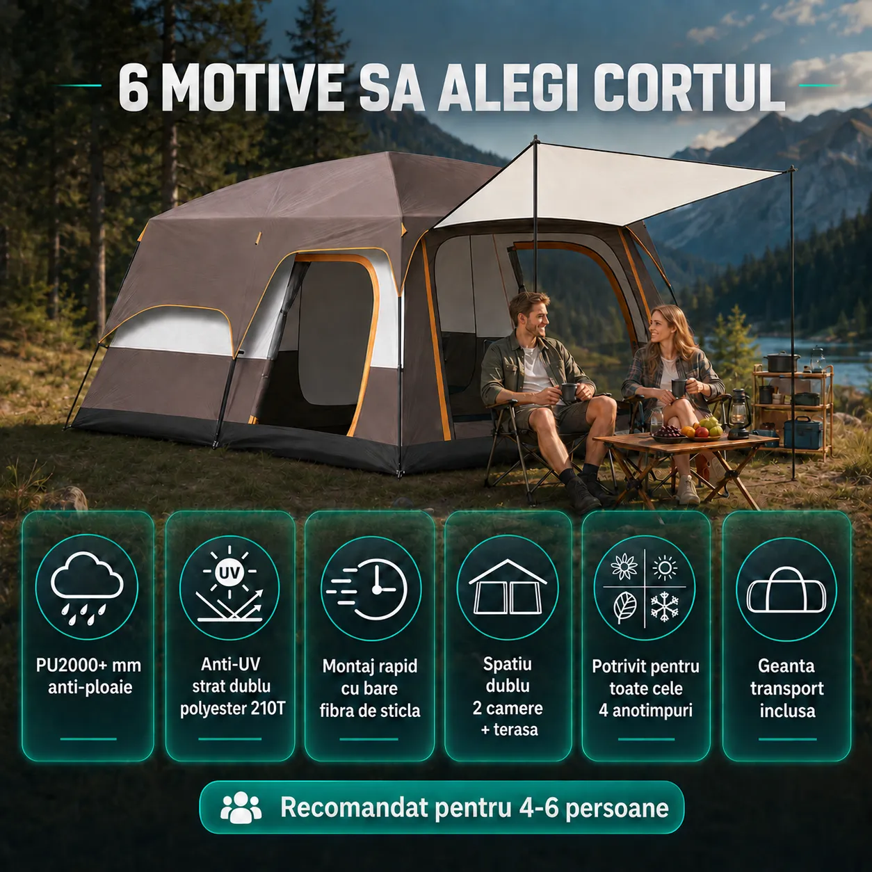 Timebox cort camping 4-6 persoane maro 2 camere terasa