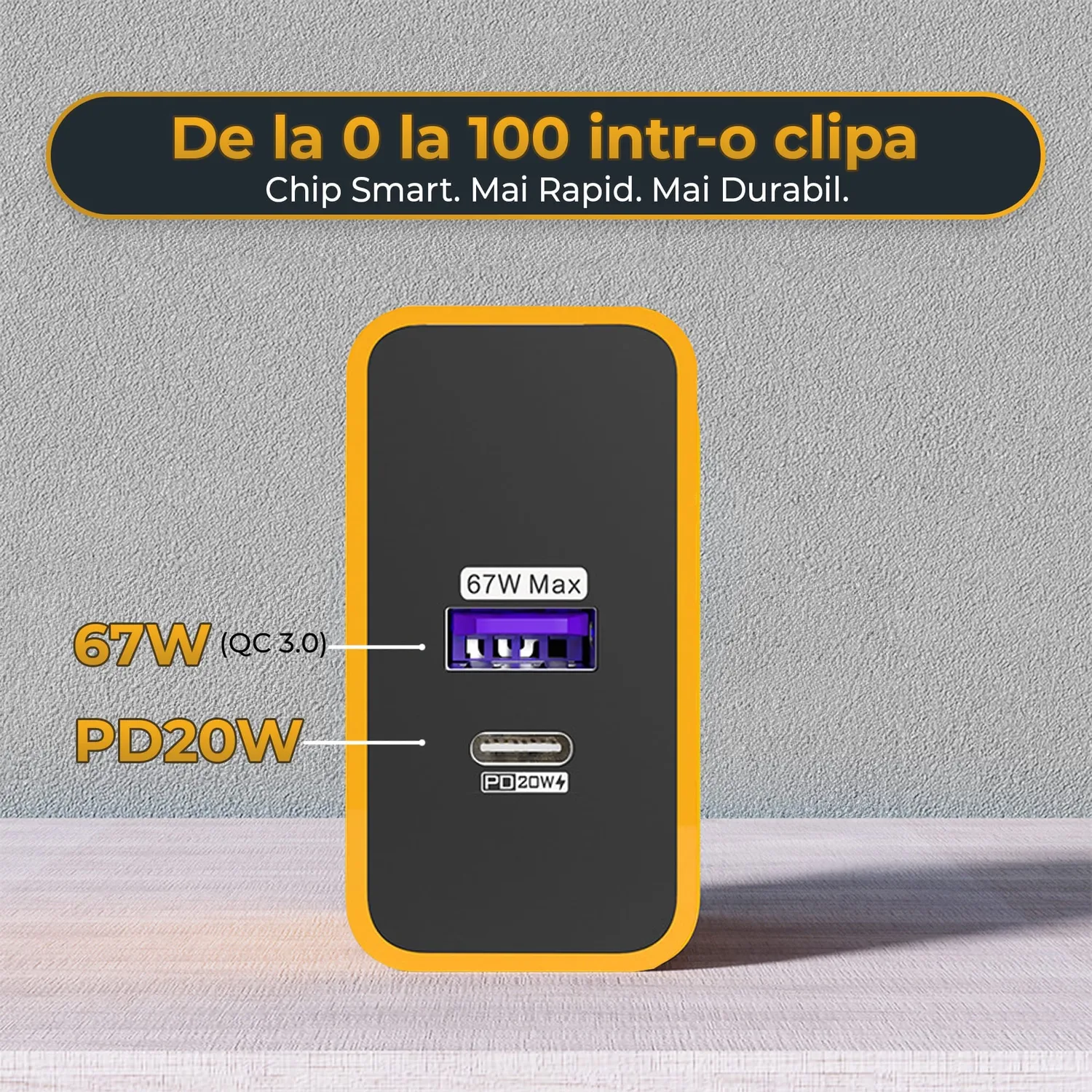 Timebox incarcator retea 87W 2 porturi Type-C USB galben