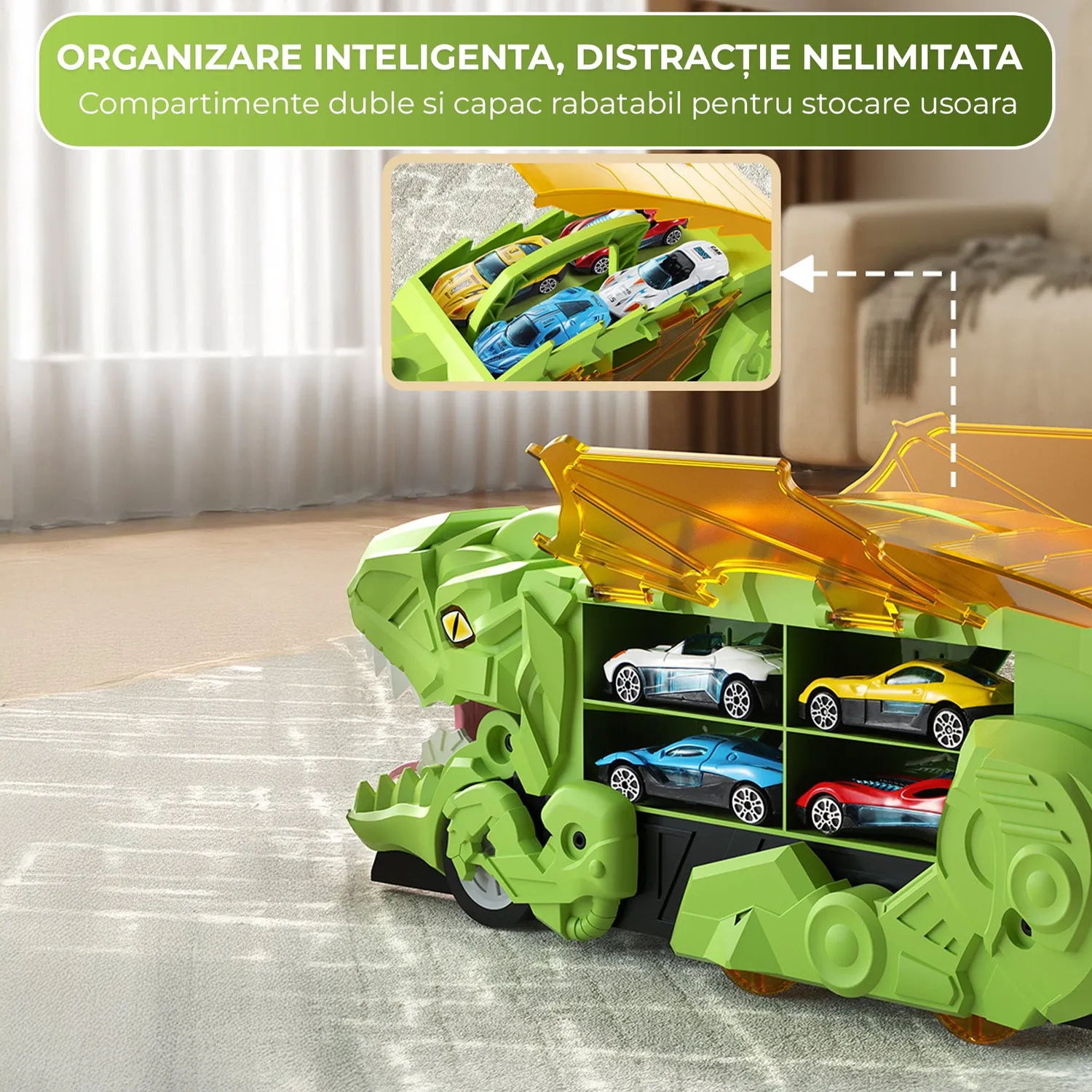 Timebox Dinozaur Transformabil 3 in 1 Verde cu 2 masinute