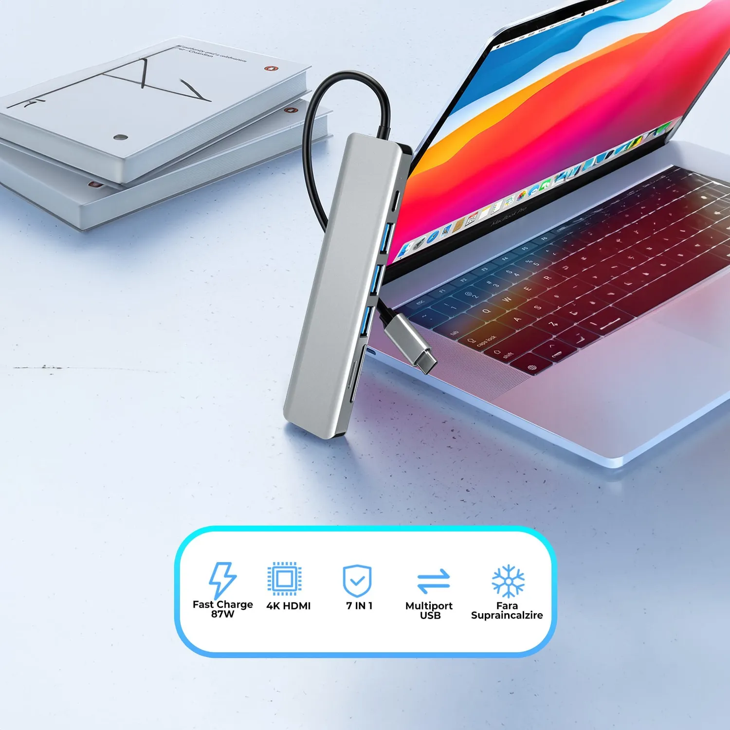 Timebox Hub USB 7 în 1 Type-C argintiu cu HDMI 4K