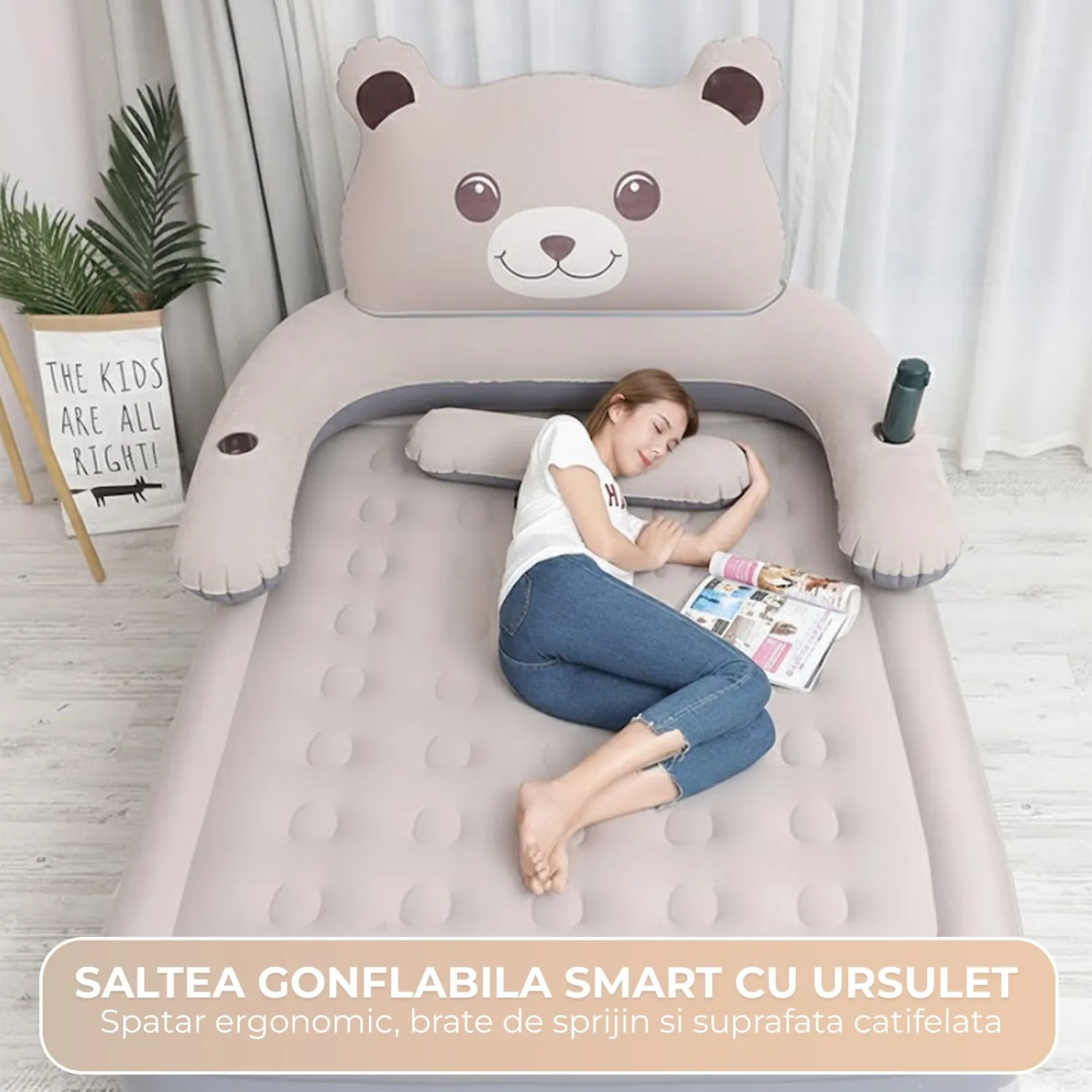 Timebox Ursulet 200x150 pat gonflabil gri cu spatar