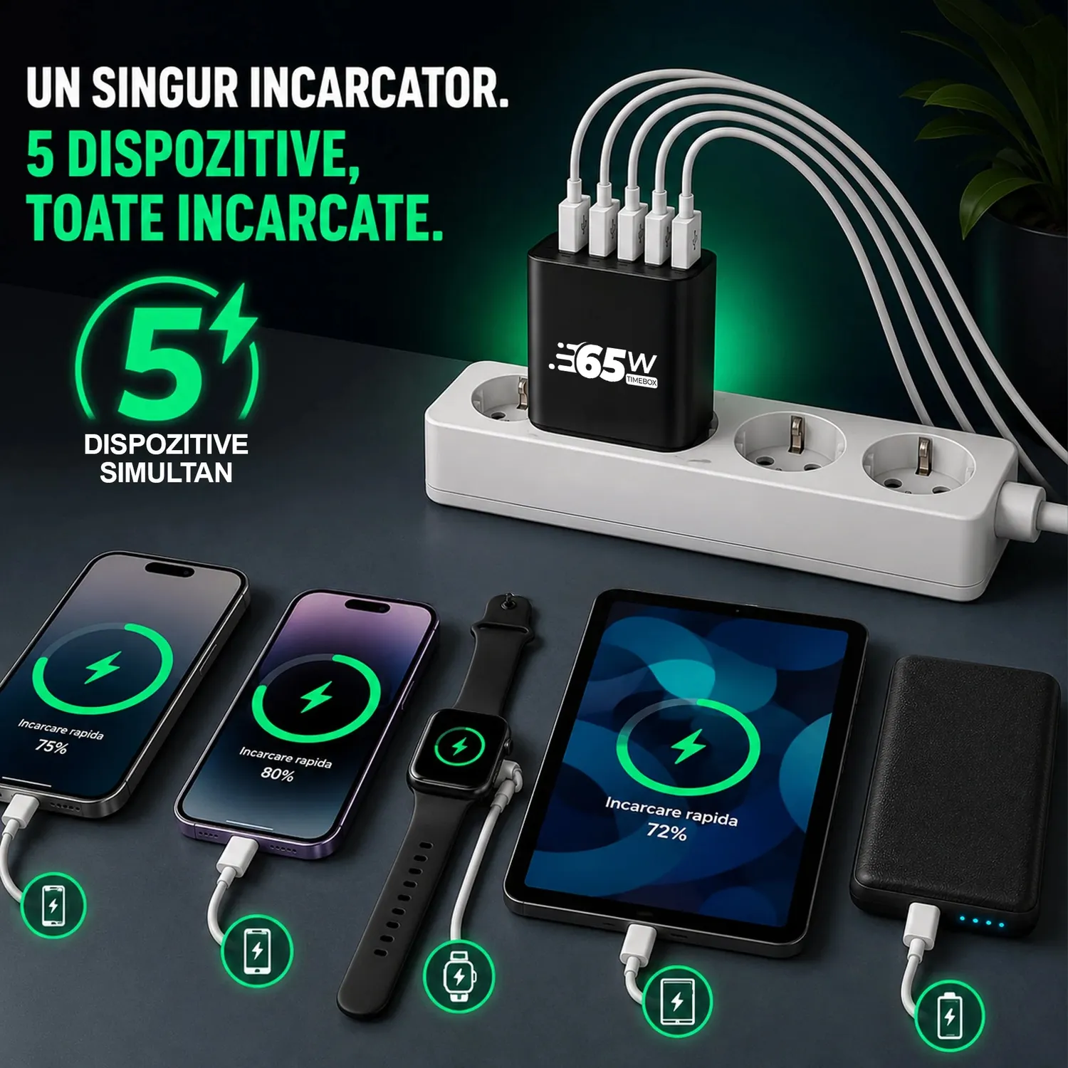 Timebox incarcator retea 65W 5 porturi negru