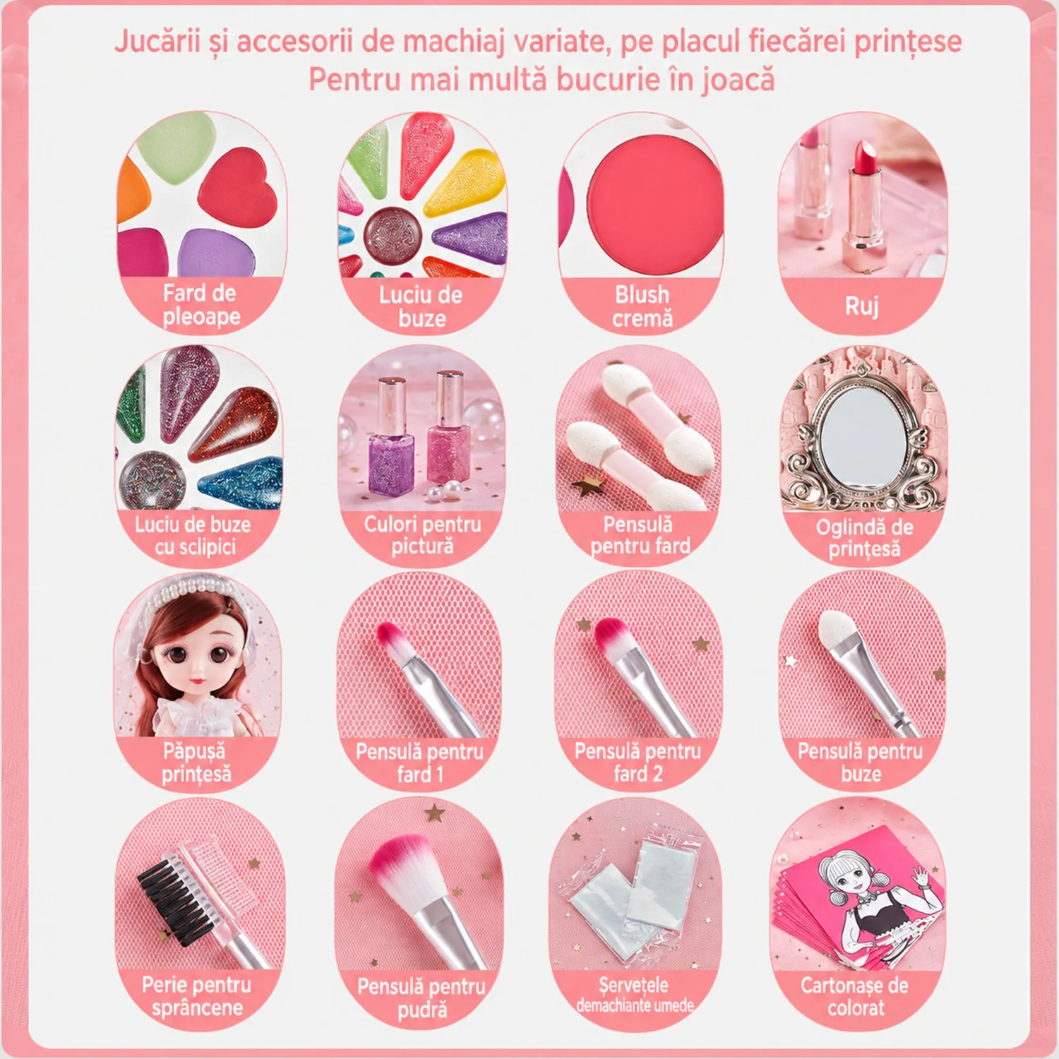 Timebox Castel Muzical XXL masuță machiaj roz cu cosmetice