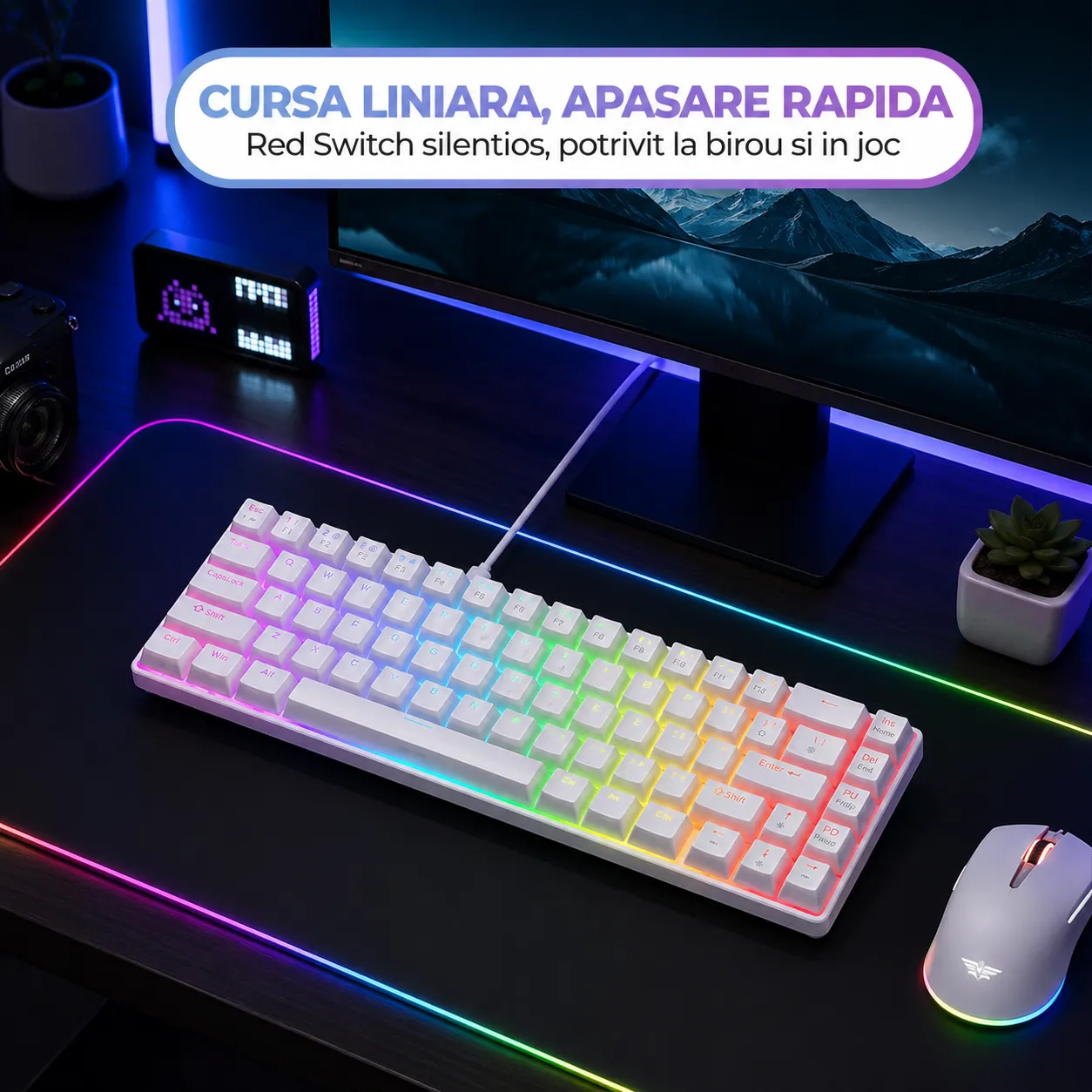 Timebox 60% tastatură gaming wireless albă red switch