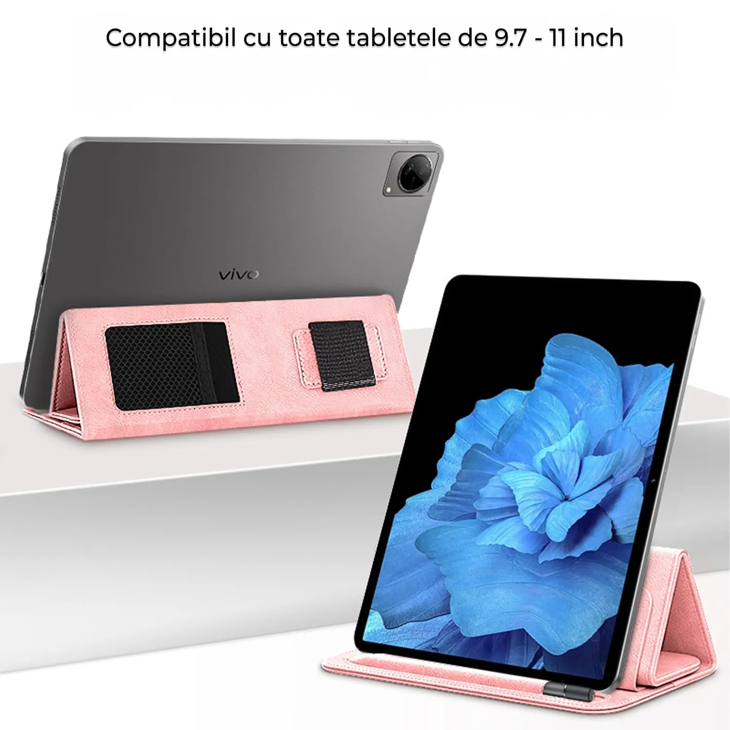 Timebox husa iPad 9.7-11 inch roz cu suport pix piele