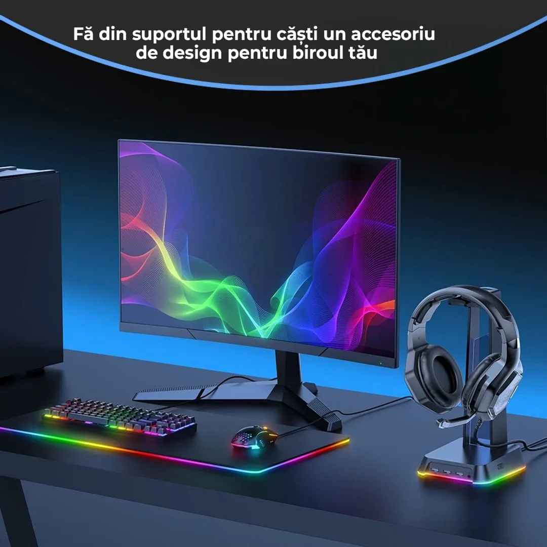 Timebox suport casti gaming RGB Negru 3x USB Jack 3.5mm