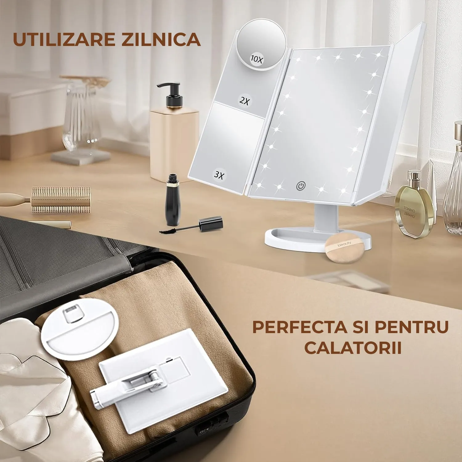 Timebox oglinda cosmetica LED 2X 3X 10X USB