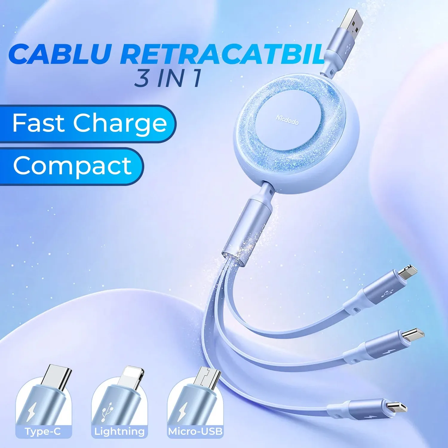 Timebox 3 in 1 Retractabil cablu 1,2m albastru fast charge