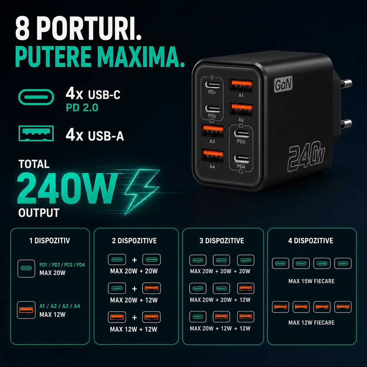 Timebox 240W incarcator GaN 8 porturi USB-C USB-A
