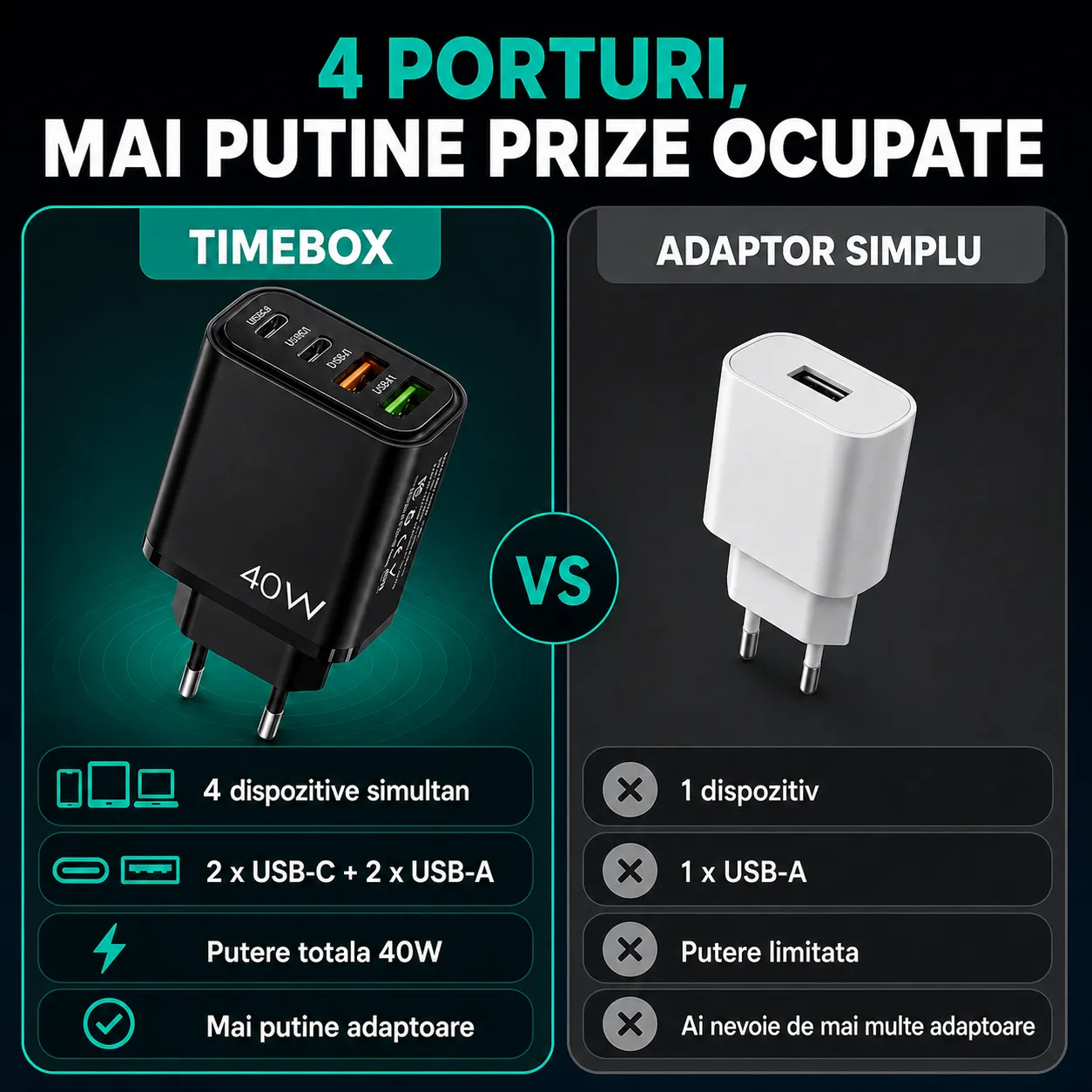 Timebox încărcător rețea 40W 4 porturi negru