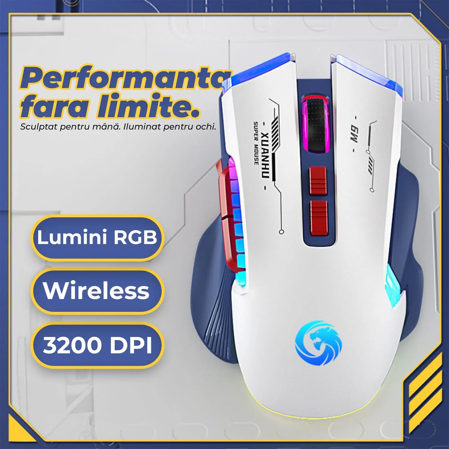 Timebox mouse gaming wireless 3200 DPI RGB Alb Type-C