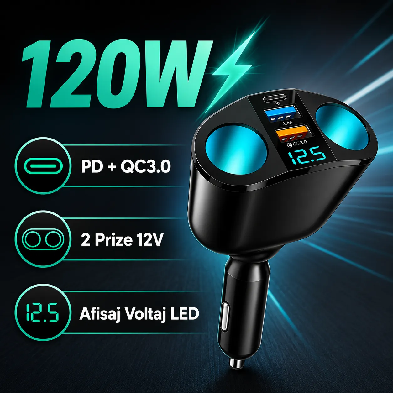 Adaptor auto Timebox 120W cu 2 prize și USB negru