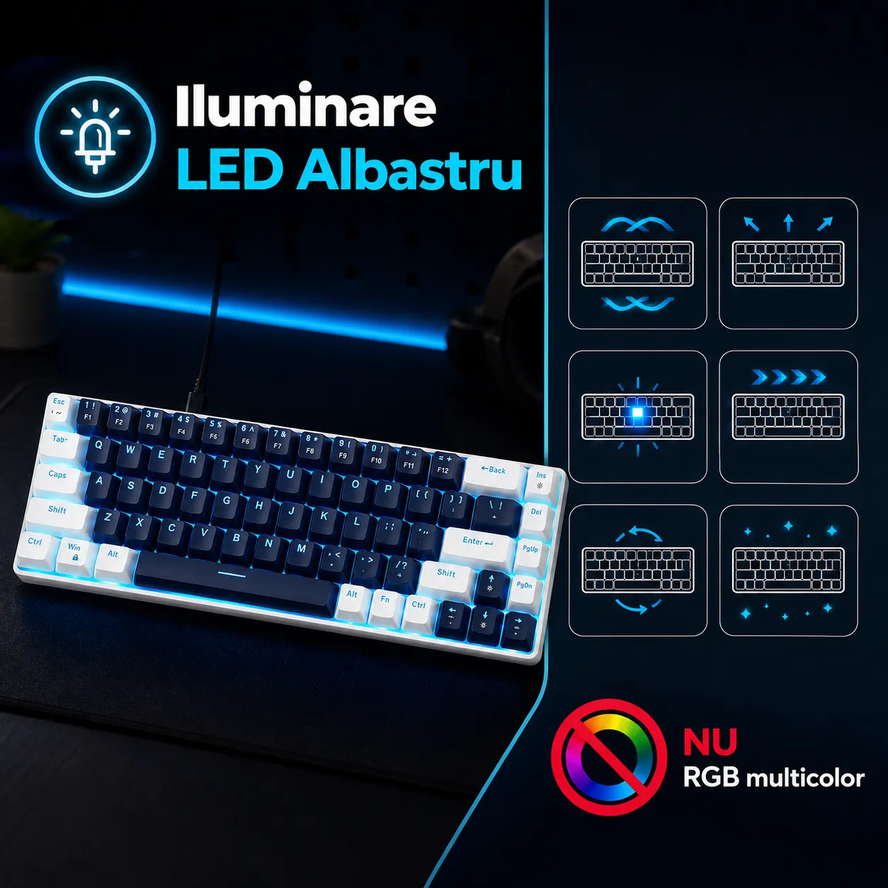 Timebox tastatură mecanică gaming 60% blue switch albastră