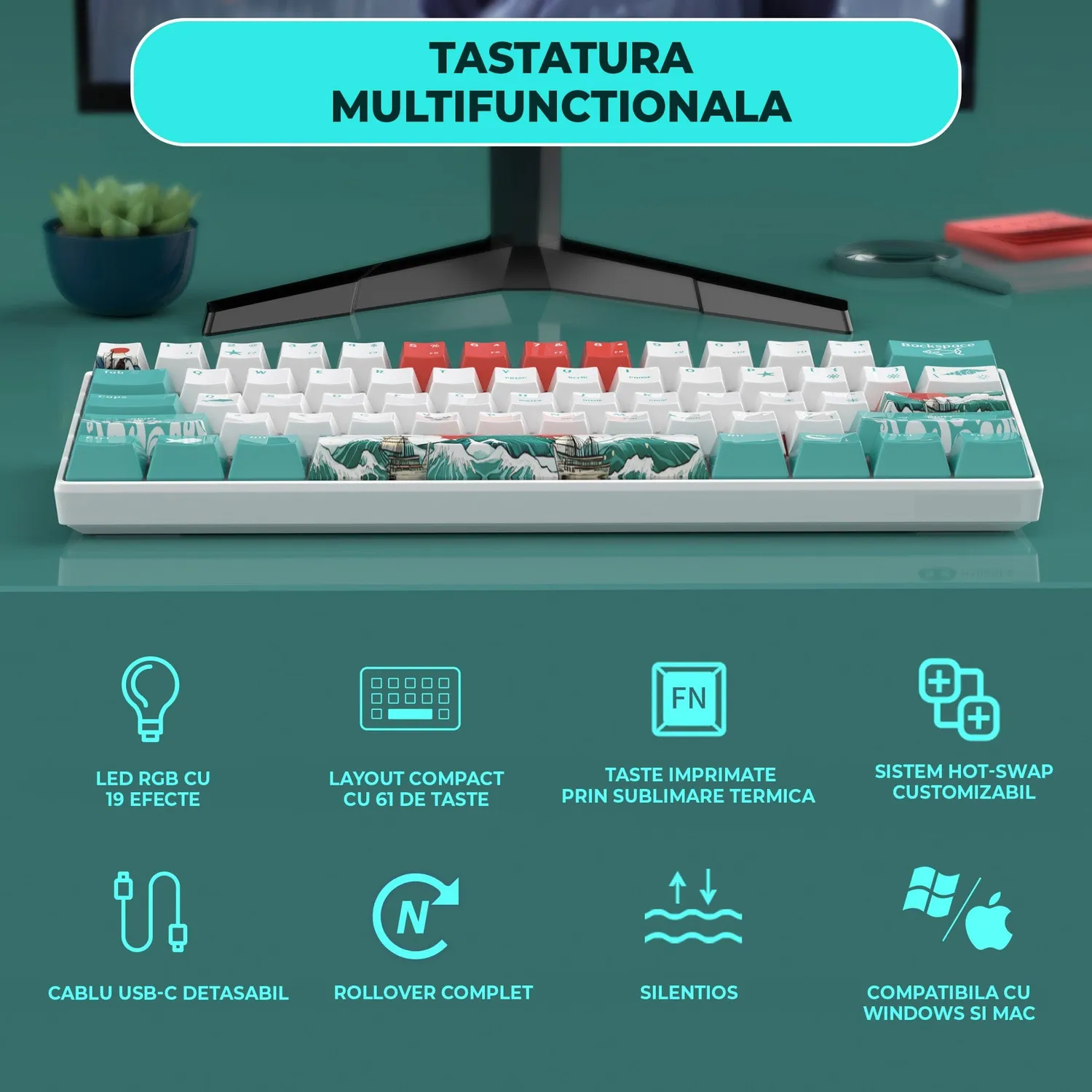 Timebox 60% tastatură mecanică coral RGB hot-swap silențioasă