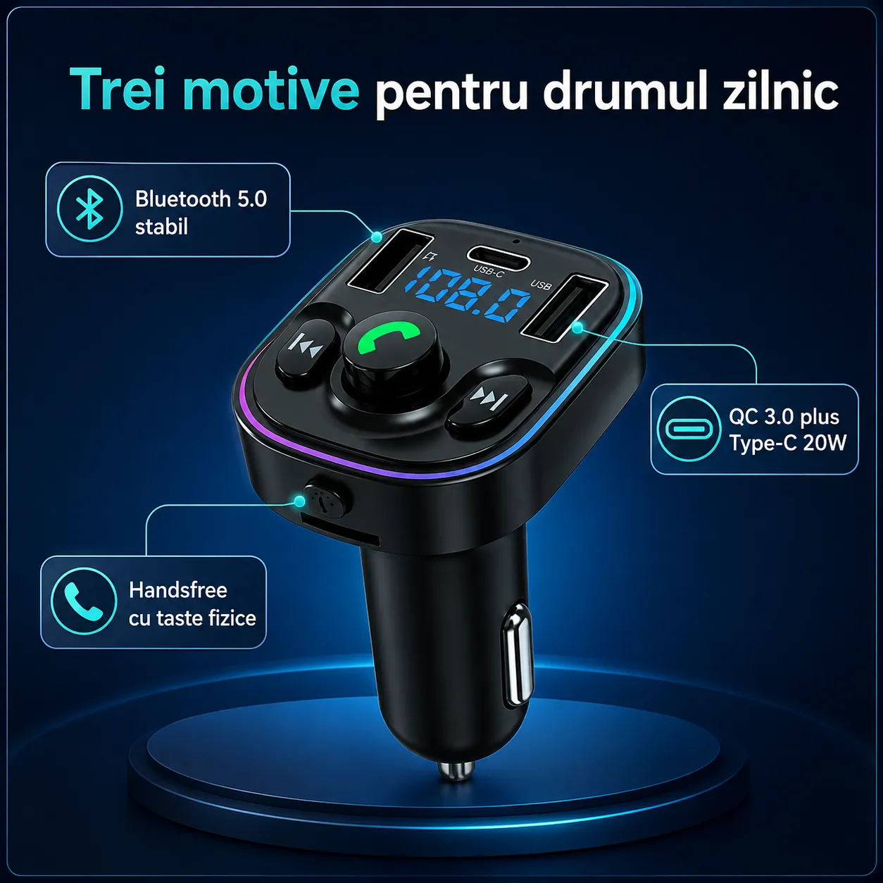 Timebox Modulator FM Bluetooth 5.0 handsfree negru QC3.0