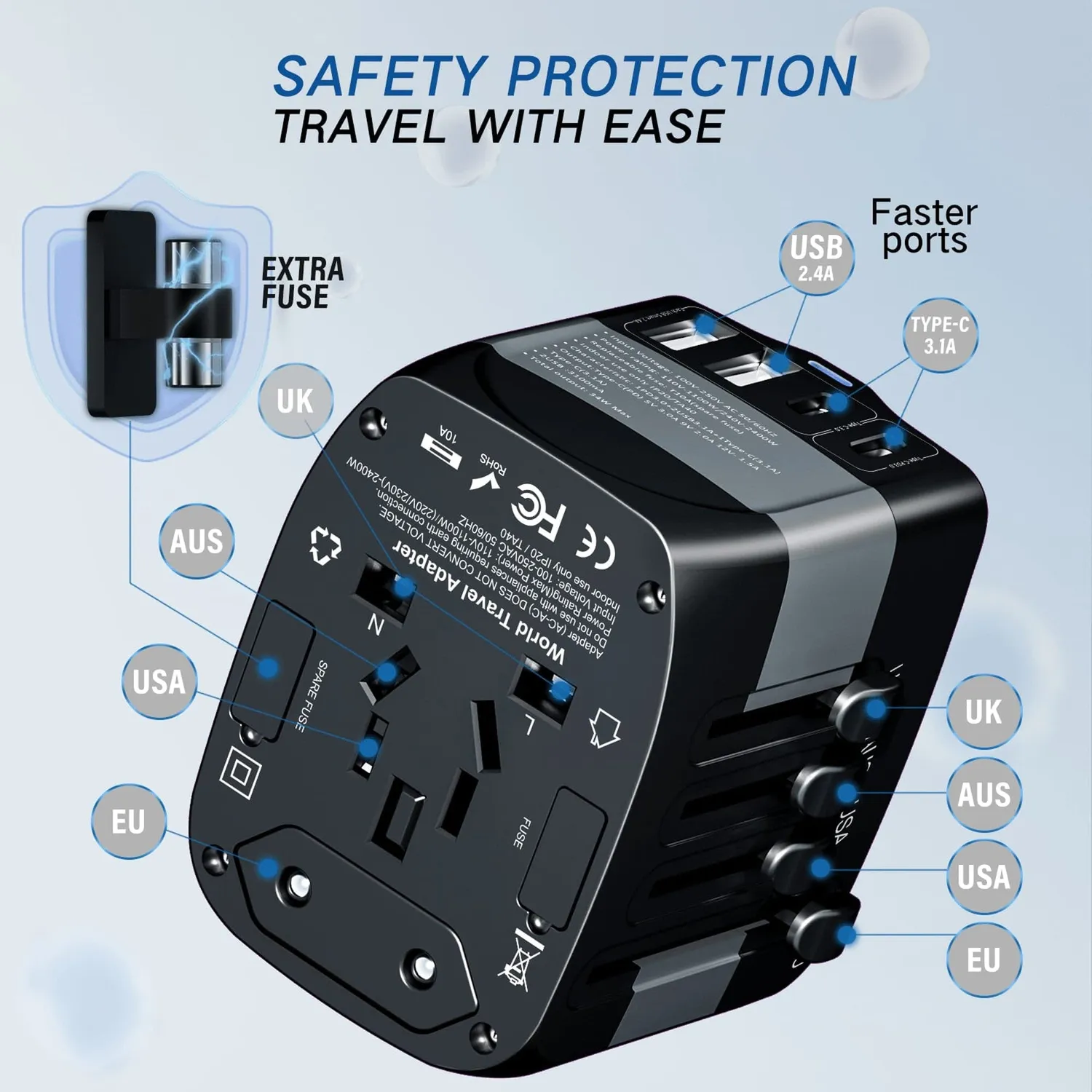 Timebox Adaptor Priza Calatorie 2xUSB 2xType-C Negru