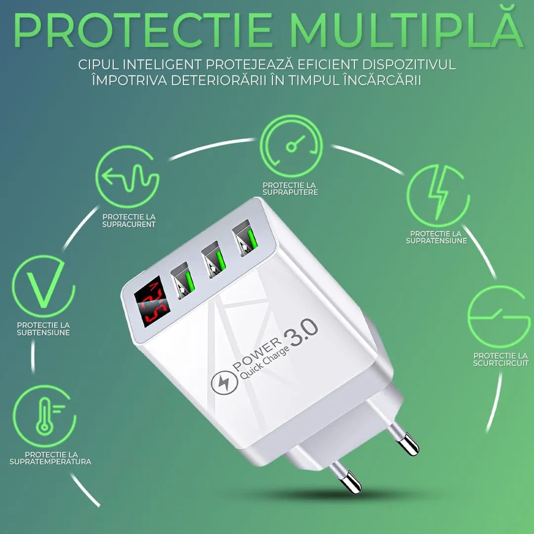 Timebox Incarcator Retea 15W 3 Porturi USB Alb